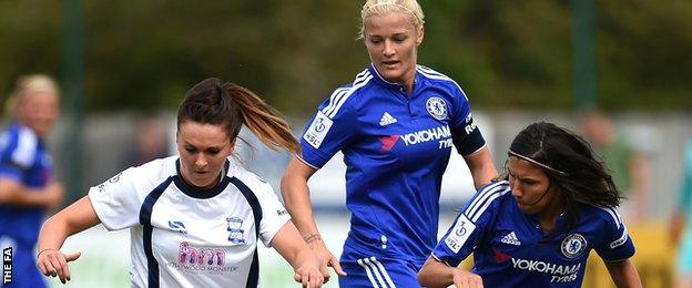 Ana Borges (r) looks to take the ball from Birmingham City's Melissa Lawley