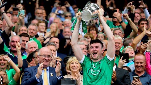 Limerick captain Declan Hannon lifts the Liam MacCarthy Cup at Croke Park in August