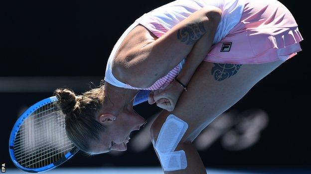 Karolina Pliskova celebrates after beating Serena Williams in the Australian Open