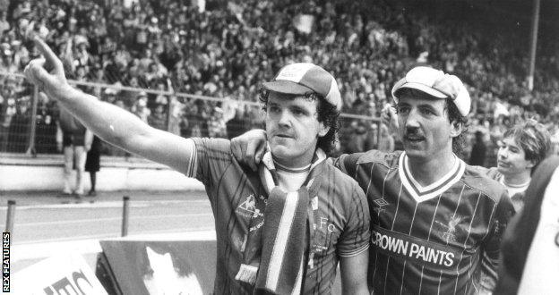 Everton's John Bailey and Liverpool's Alan Kennedy after the 1984 League Cup final