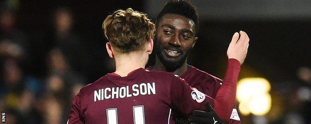 Hearts' Sam Nicholson and Prince Buaben celebrate the latter's goal