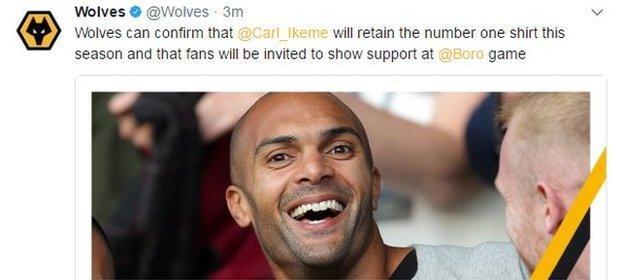 Wolves' tweet on Carl Ikeme