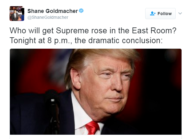 Shane Goldmacher tweets: "Who will get Supreme rose in the East Room? Tonight at 8 p.m., the dramatic conclusion".