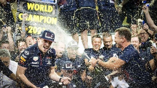 Max Verstappen and Red Bull celebrate championship win.