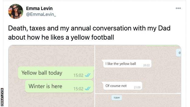 Tweet showing Whatsapp conversation about yellow ball