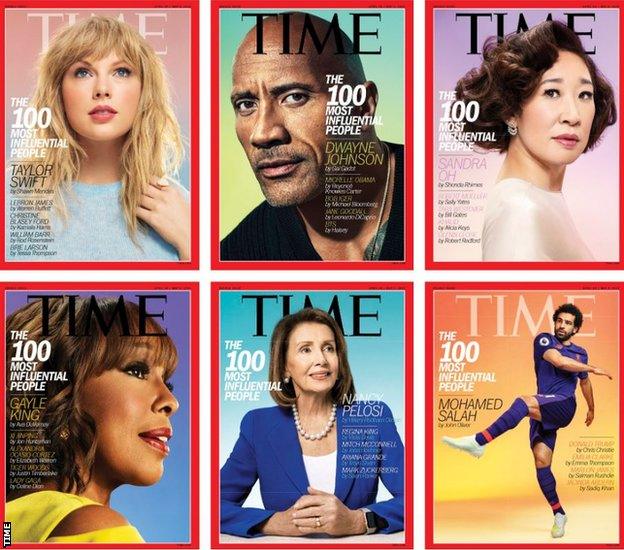 Singer Taylor Swift, actor Dwayne 'The Rock' Johnson, actor Sandra Oh, TV news presenter Gayle King, US politician Nancy Pelosi and Liverpool striker Mohamed Salah