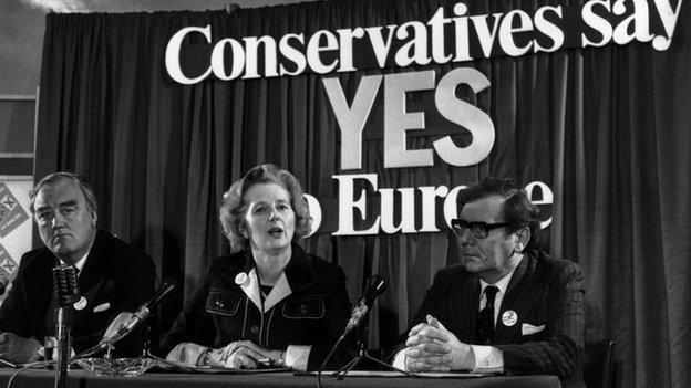 Margaret Thatcher campaigning for "in" during the 1975 European referendum