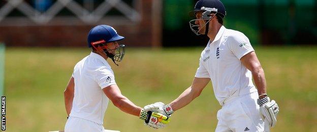 James Taylor (left) congratulates Nick Compton on his 50