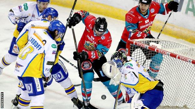 Giants forward Brandon Benedict tests Flyers keeper Jordan Marr in the Challenge Cup match