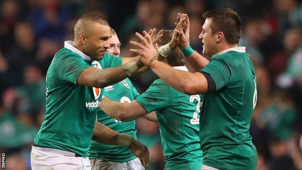 Simon Zebo and CJ Stander celebrate after Saturday's Test win over Australia