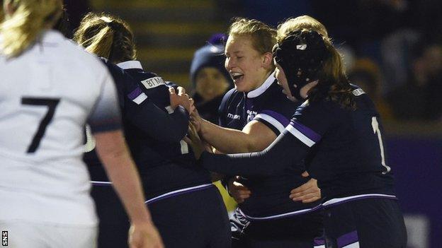 Scotland celebrate Jade Konkel's try