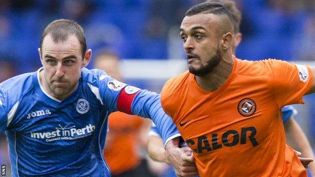 Mario Bilate (right) in his final game against St Johnstone