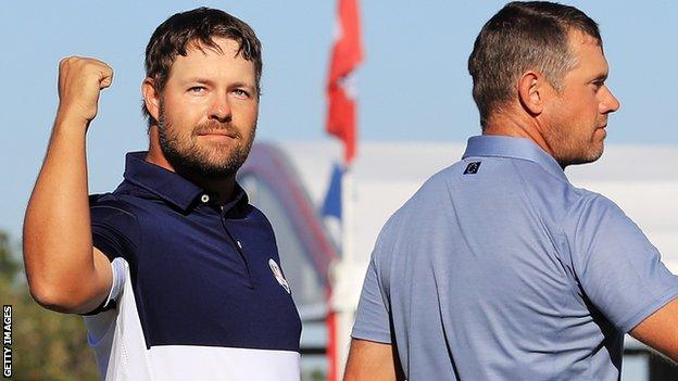 Ryan Moore celebrates beating Lee Westwood at the 2016 Ryder Cup