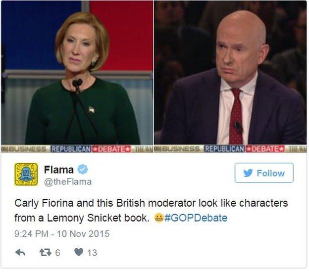 Tweet reading: "Carly Fiorina and this British moderator look like characters from a Lemony Snicket book."