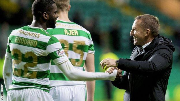 Celtic manager Brendan Rodgers with striker Odsonne Edouard (right)