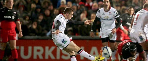 Ulster fly-half Paddy Jackson fires over a drop goal to put the hosts 6-0 ahead