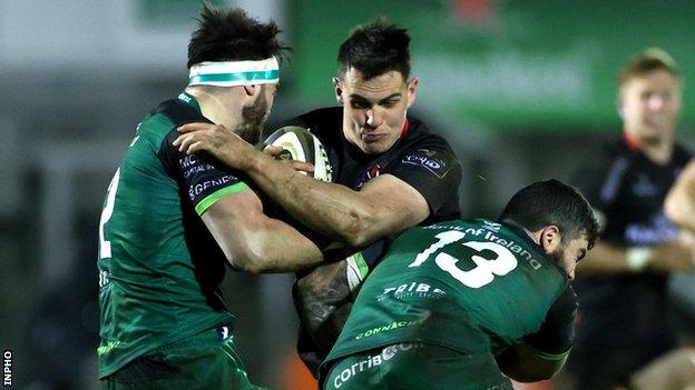 James Hume tries to battle past Tom Daly and Sammy Arnold during Ulster's win over Connacht in Galway on Sunday