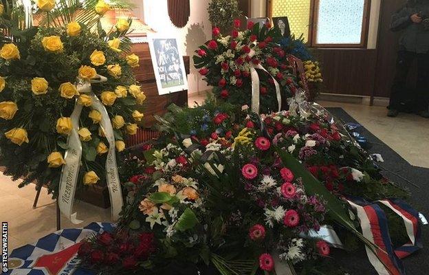 Tributes to Pavel Srnicek at his funeral in Ostrava, Czech Republic, on Monday