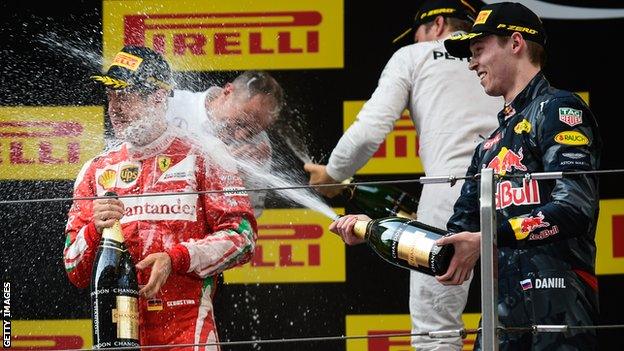 Vettel and Kvyat on the podium together in 2016