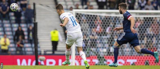 Schick stepped forward into the Scotland half and unleashed a ferocious effort that started well outside David Marshall's left-hand post...