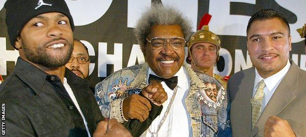 Roy Jones and John Ruiz with promoter Don King in 2003.