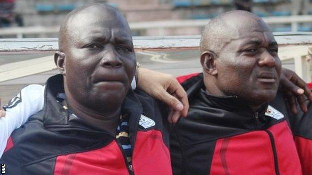 Ugandan coaches Moses Basena (left) and Fred Kajoba