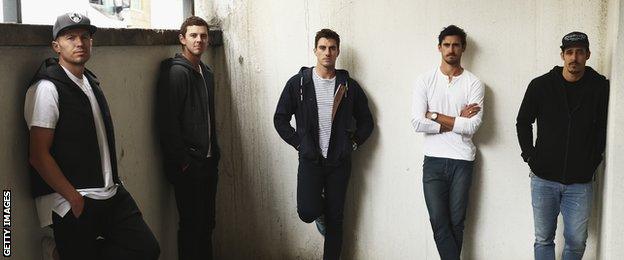 Boy band or fast bowlers? Pat Cummins (centre) joined fellow quicks (from left) Peter Siddle, Josh Hazlewood, Mitchell Starc and Mitchell Johnson for a portrait session in 2015