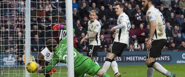 Arnaud Djoum bundles the ball beyond Owain Fon Williams to haul Hearts level against Inverness