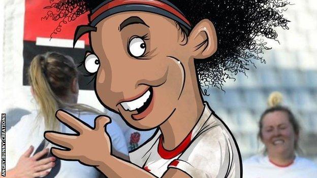 A caricature of Shaunagh Brown hugging her England team-mate