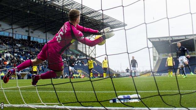 Livingston goalkeeper Marc McCallum saves John Baird's penalty