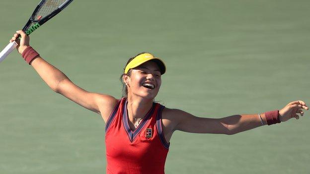 Emma Raducanu celebrates winning at the US Open