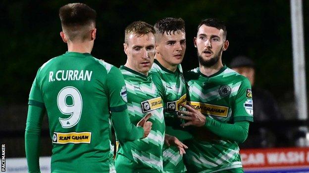 Cliftonville celebrate their first goal of the night