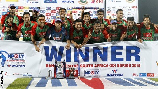 Bangladesh celebrate with the one-day series trophy