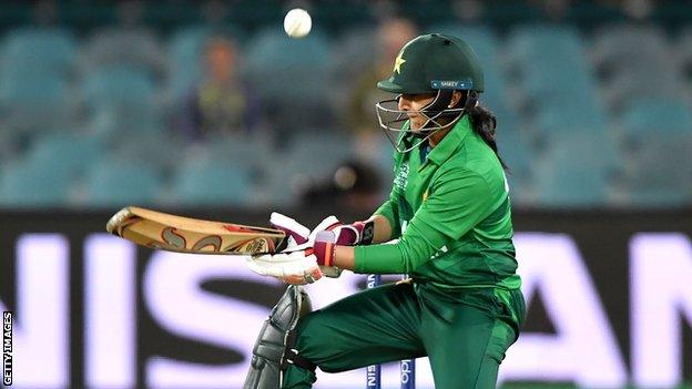 Pakistan captain Bismah Maroof plays the ramp shot against England that led to her fracturing her thumb