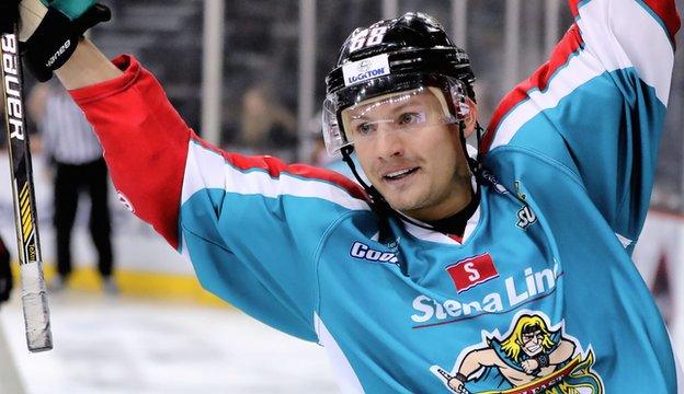 Chris Higgins celebrates after Blair Riley's goal for the Belfast Giants