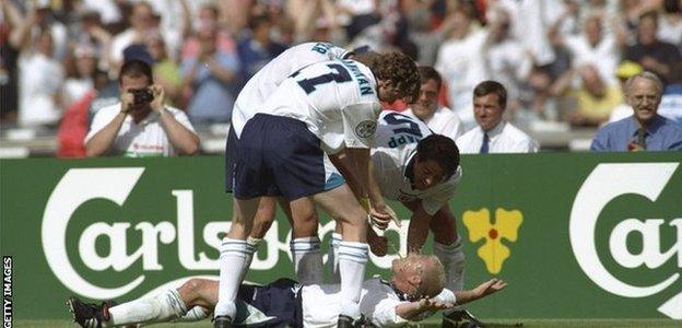 England celebrate a goal by Paul Gascoigne against Scotland at Euro 96