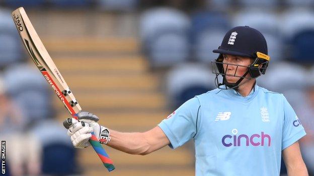 England batter Zak Crawley raises his bat after passing 50 on his ODI debut against Pakistan