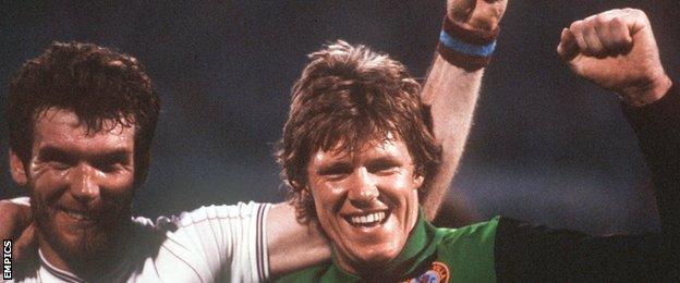 Reserve keeper Nigel Spink and matchwinner Peter Withe (left) were the heroes of the greatest day in Villa's history, the European Cup final win over Bayern Munich in Rotterdam in 1982