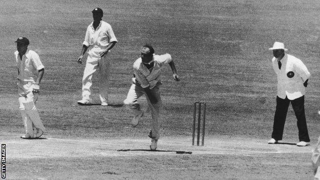 Frank Tyson in action against Australia