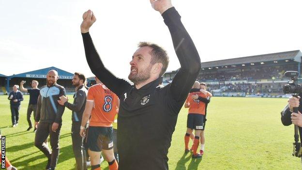 Luton Town manager Nathan Jones celebrates promotion