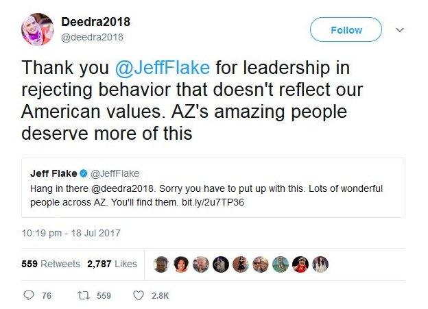 Deedra Abboud tweets: "Thank you @JeffFlake for leadership in rejecting behavior that doesn't reflect our American values. AZ's amazing people deserve more than this".