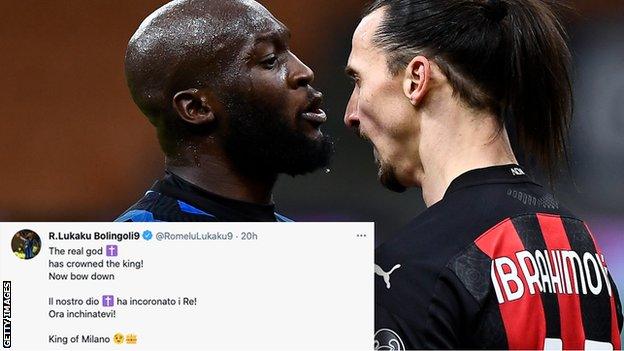 Romelu Lukaku and Zlatan Ibrahimovic clash during Milan derby.