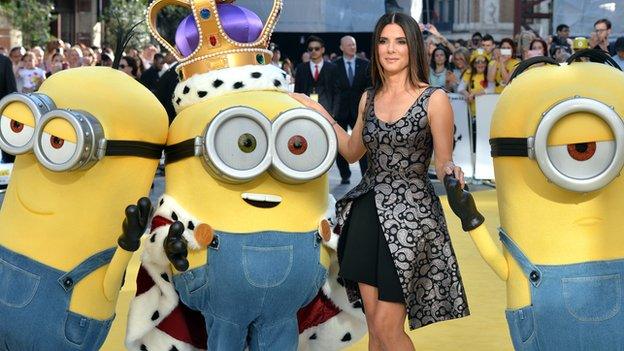 Sandra Bullock and Minions at the premiere