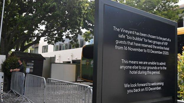 A sign outside the hotel where South Africa and England were staying