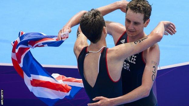 The Brownlee brothers celebrate at London 2012