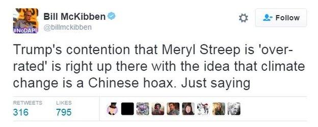 Bill McKibben tweets: "Trump's contention that Meryl Streep is 'over-rated' is right up there with the idea that climate change is a Chinese hoax. Just saying."