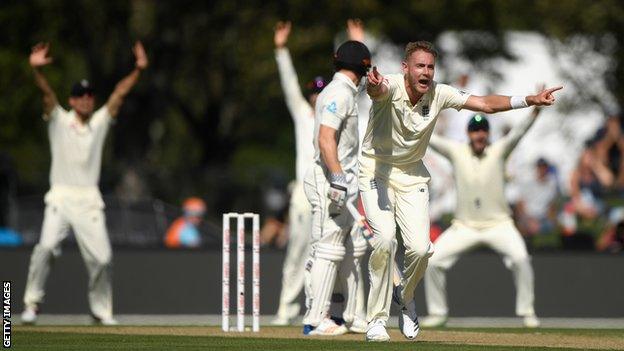 England's Stuart Broad successfully appeals for a wicket