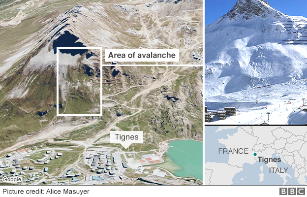 A picture showing where the avalanche happened on the mountain and a map showing Tignes