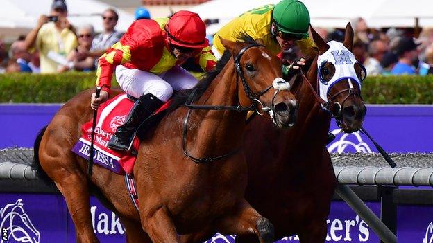 Iridessa wins the Filly and Mare Turf race at the Breeders' Cup