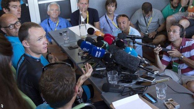 Chris Froome and Sir Dave Brailsford talk to journalists on the Tour de France rest day